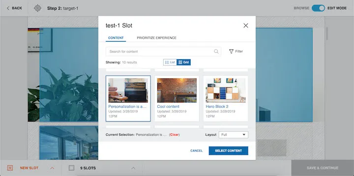 Acquia builder showing selecting content to build a screen