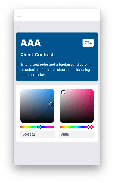 Swach showing the contrast checker tab comparing colors and calculating the WCAG score.