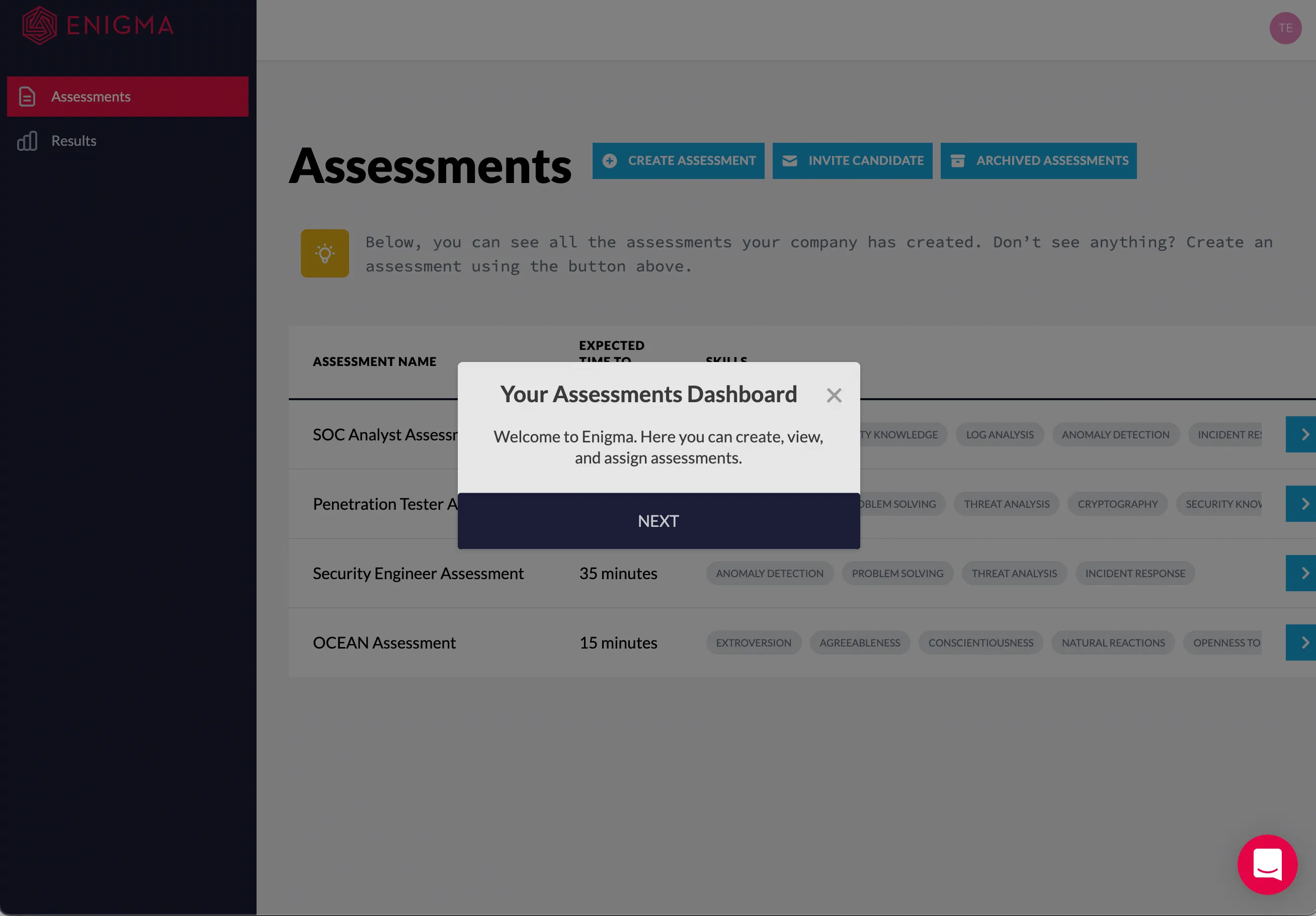 Enigma hirer dashboard with a pop-up notification introducing the page