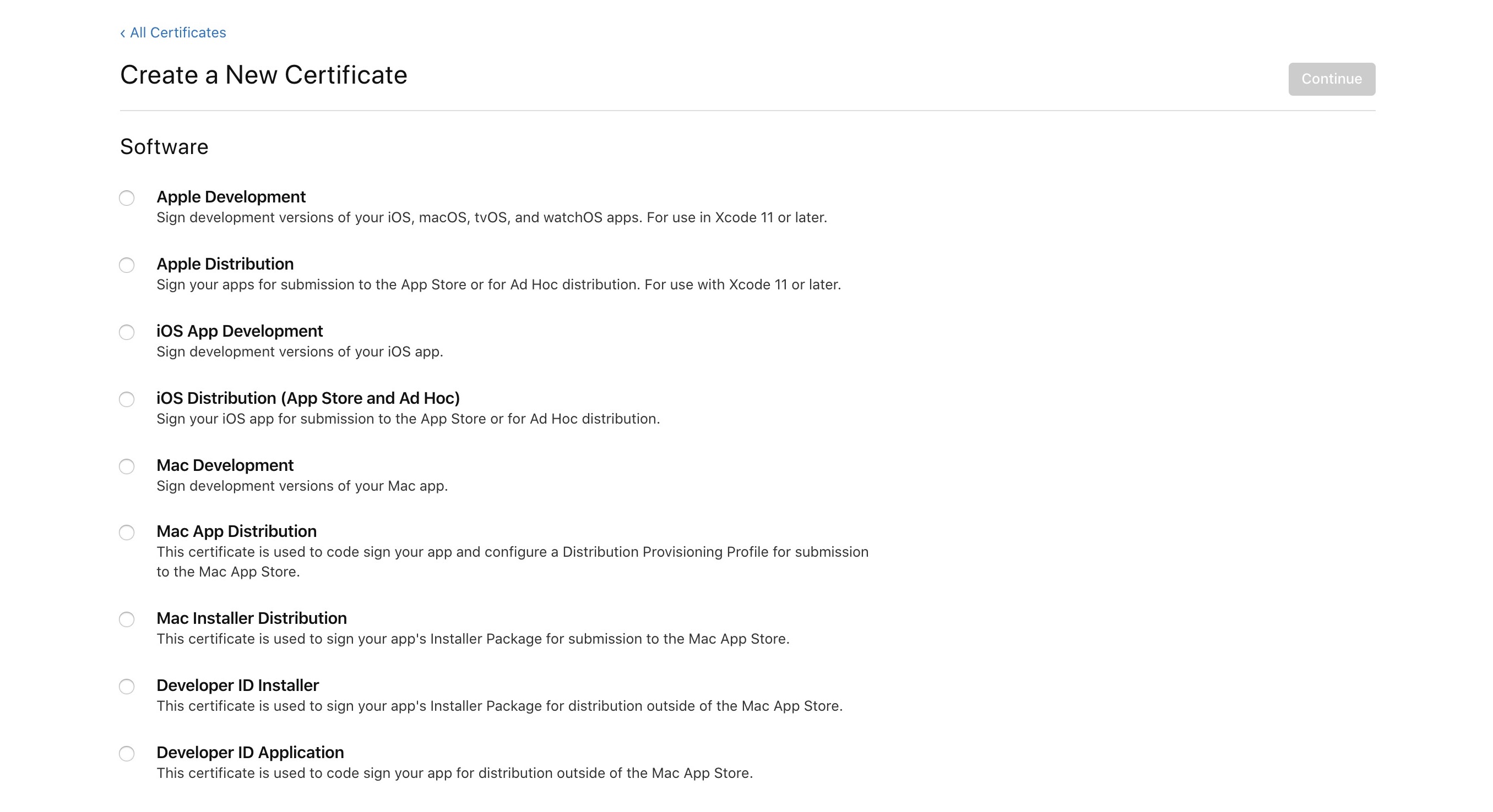 List of possible certificate types from Apple.