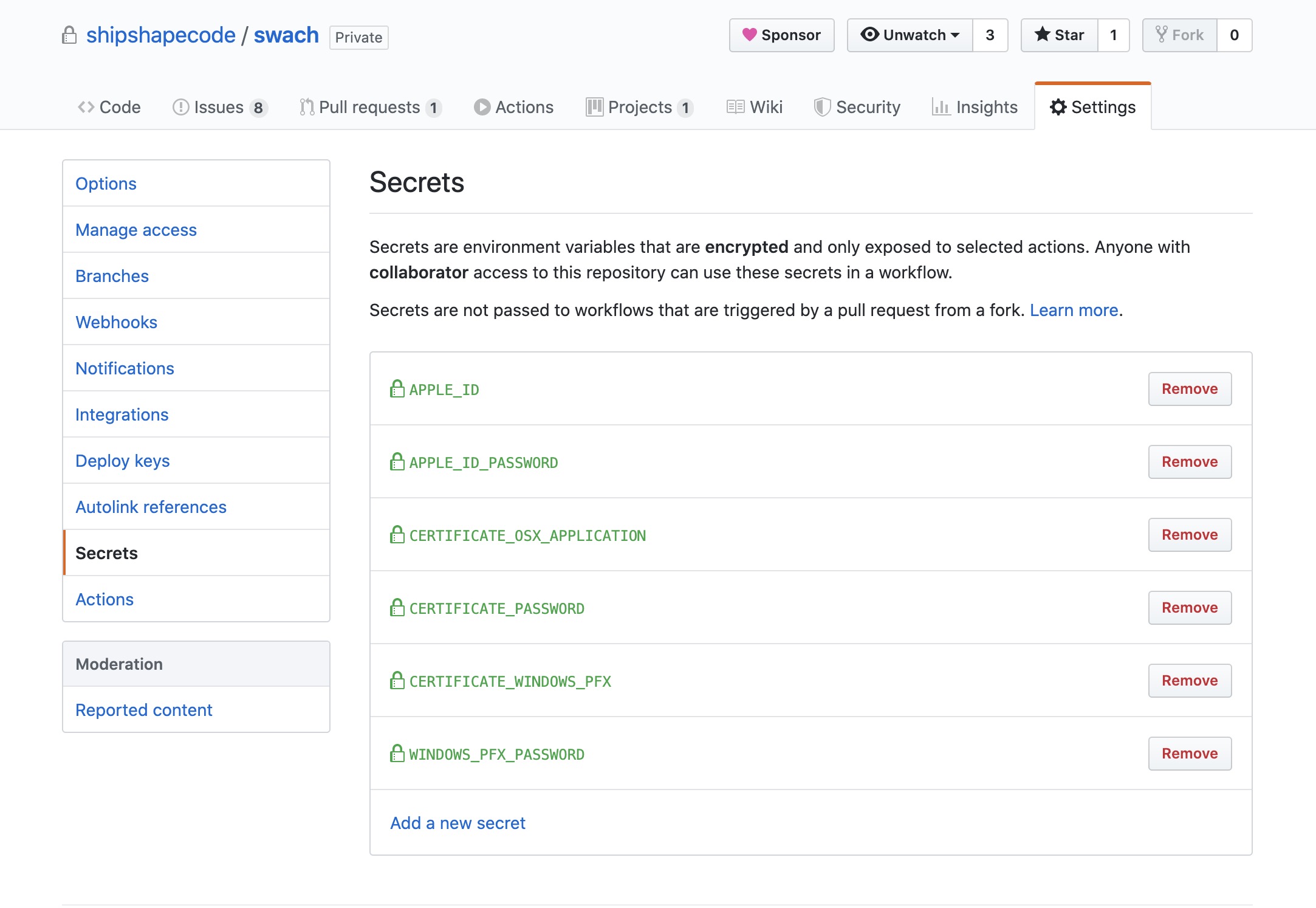The GitHub settings page showing a list of secrets.