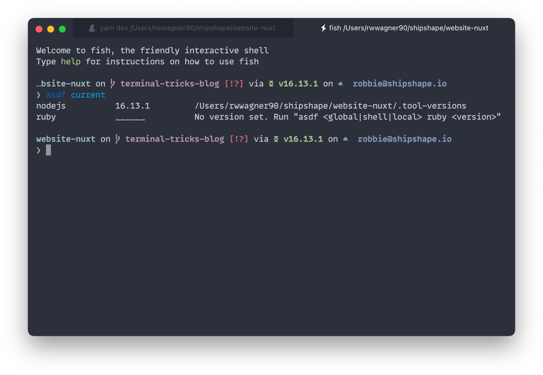 A terminal window showing the current node and ruby versions installed via asdf
