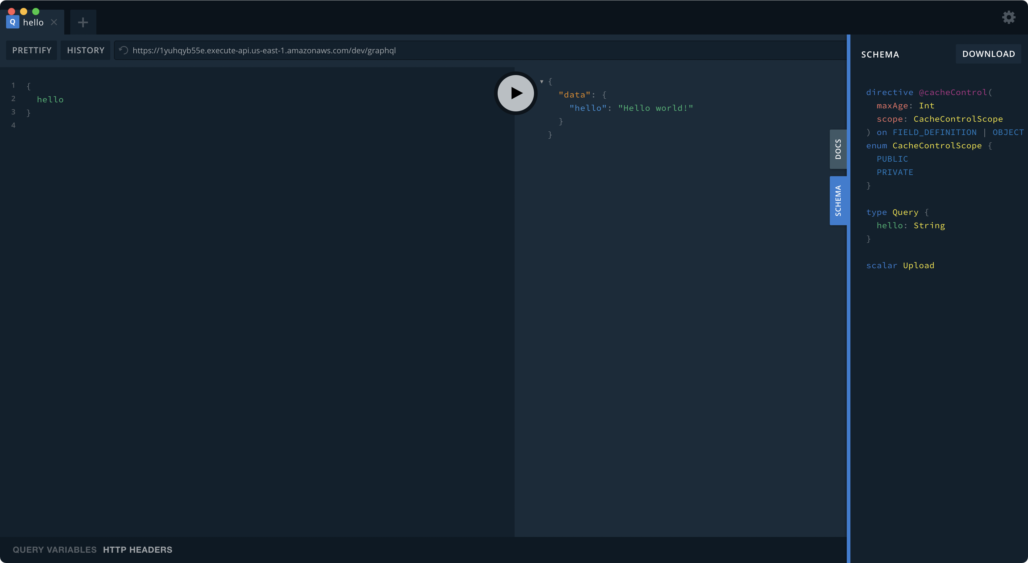 GraphQL playground result from AWS