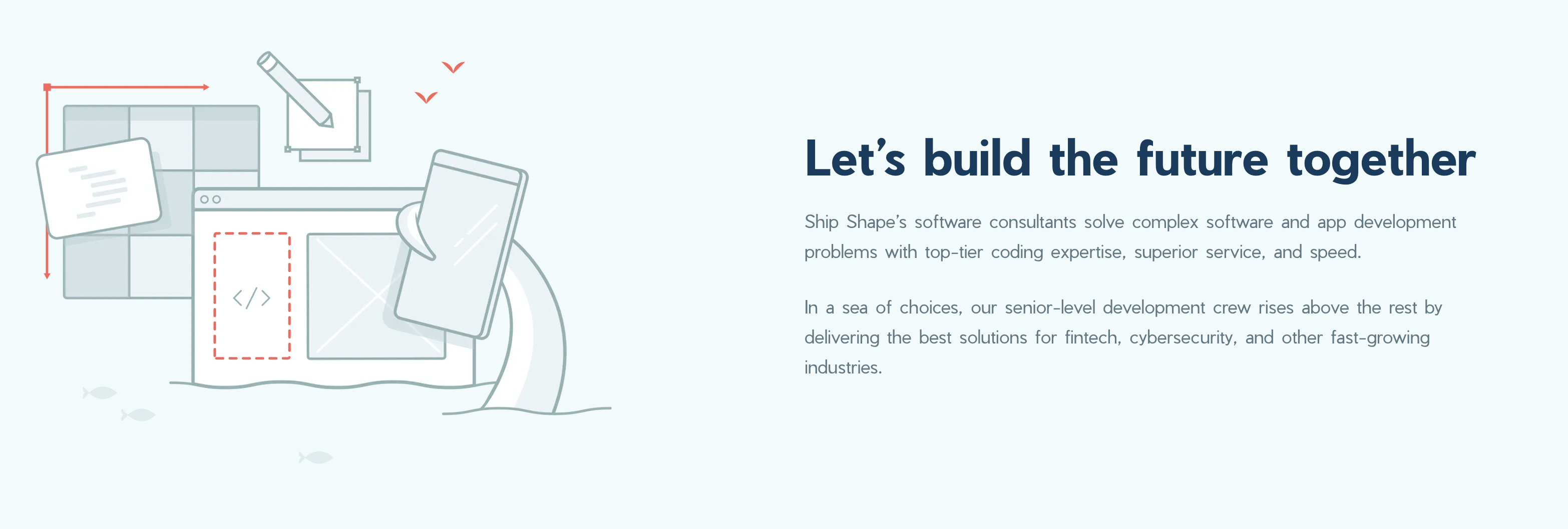 Section of shipshape.io with an image taking up the left half of the section and a header and two paragraphs making up the right half