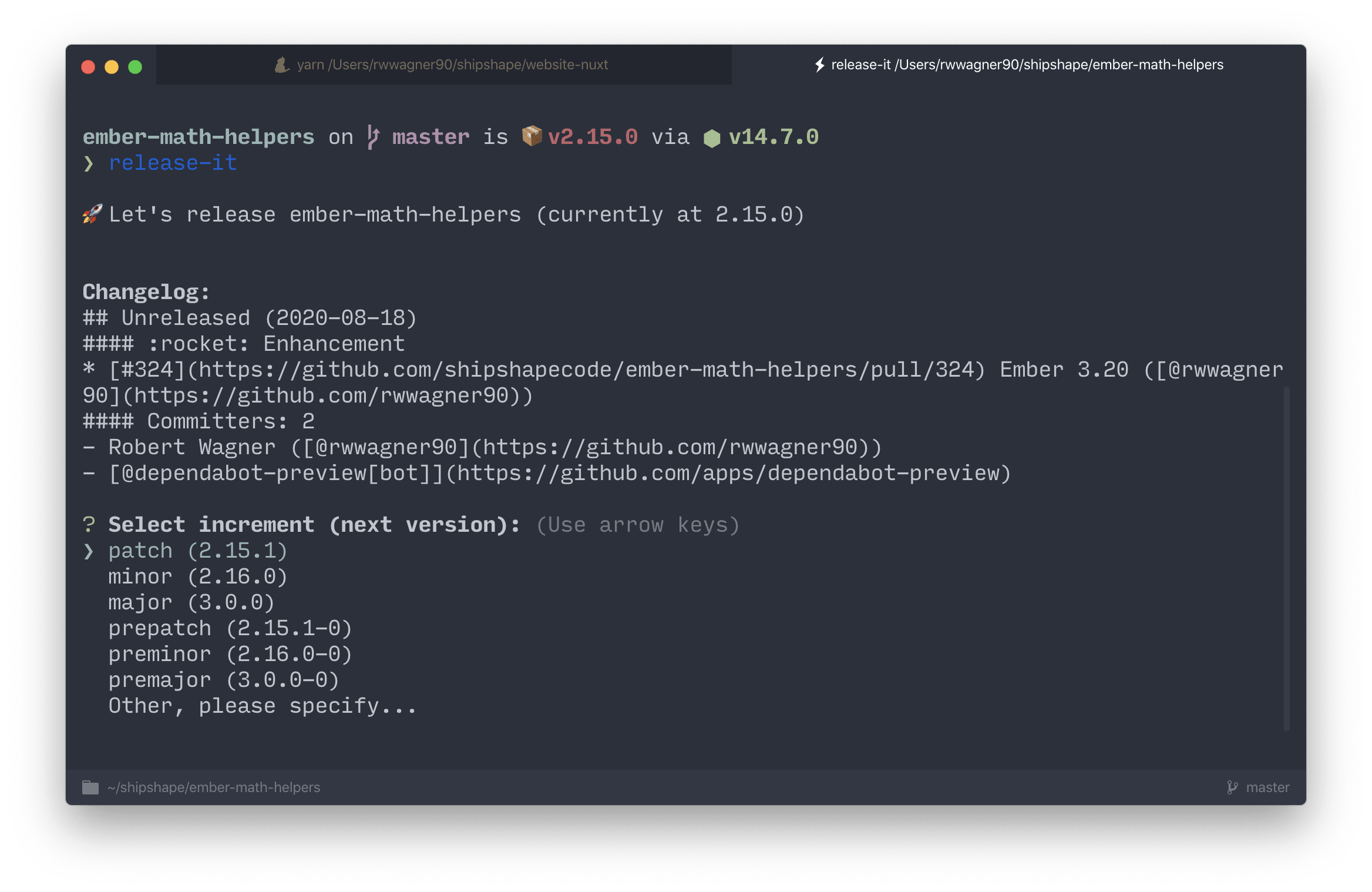 Running release-it on ember-shepherd to show changelog generation and version bumping