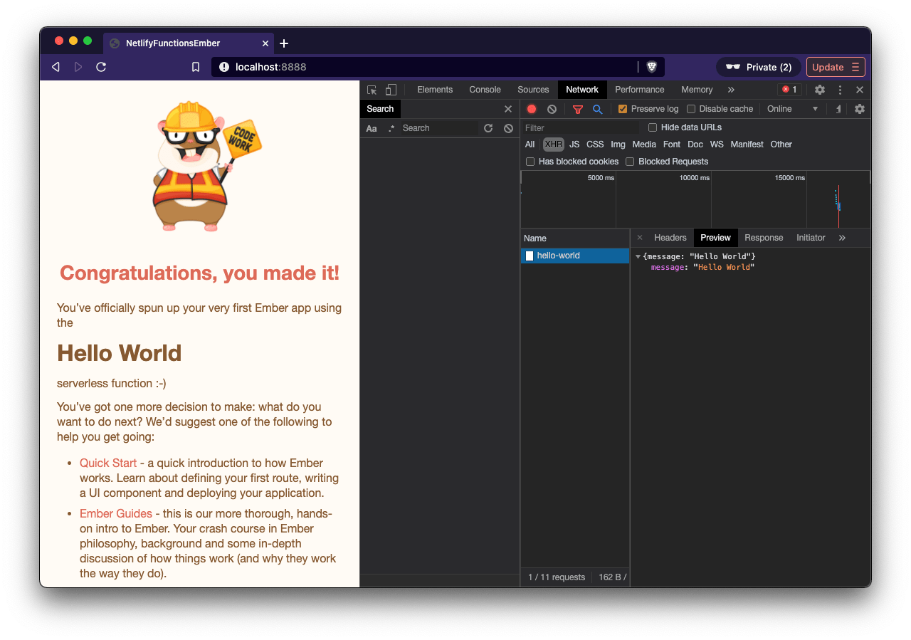 Hello World Serverless Function Ember