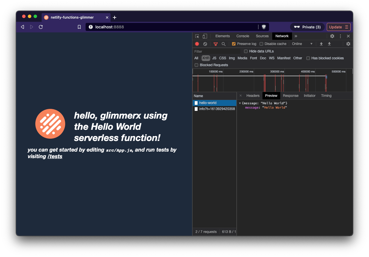 Hello World Serverless Function Glimmer