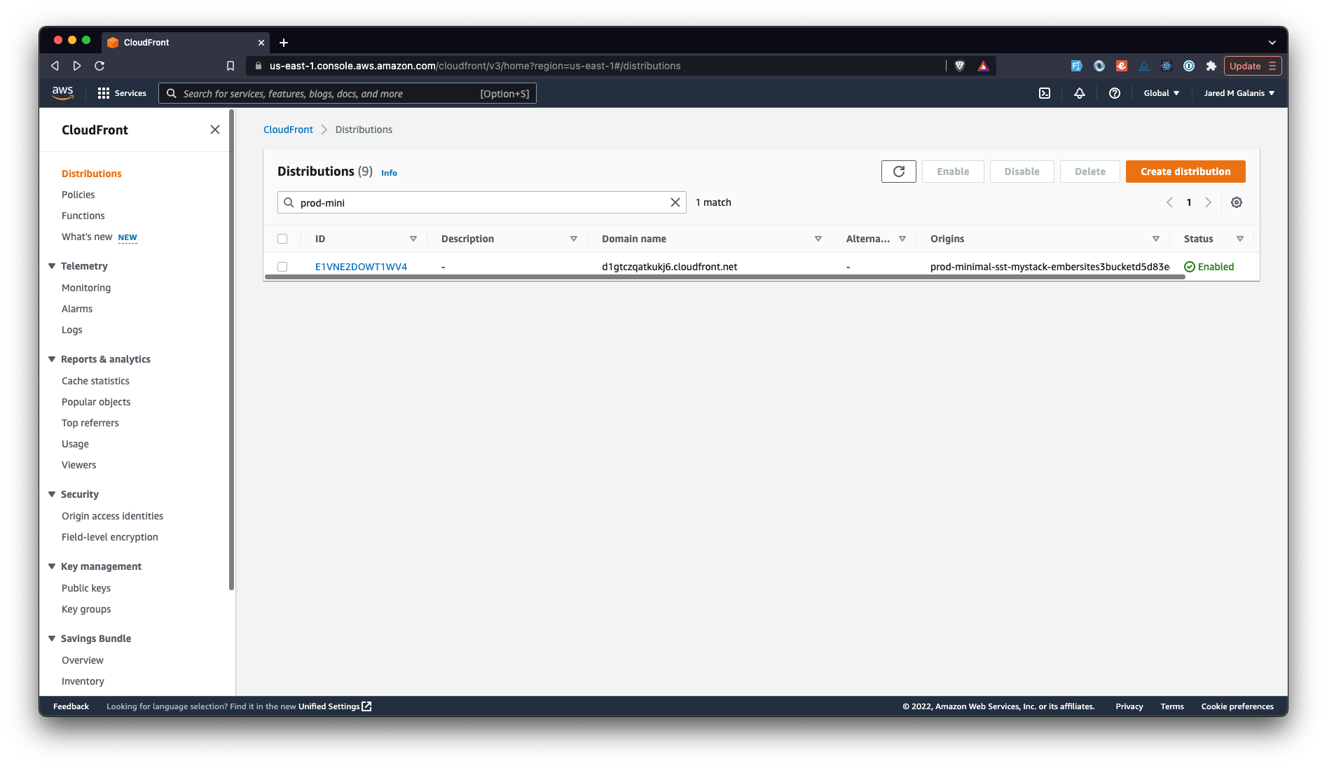 Browser showing the CloudFront distribution deployment