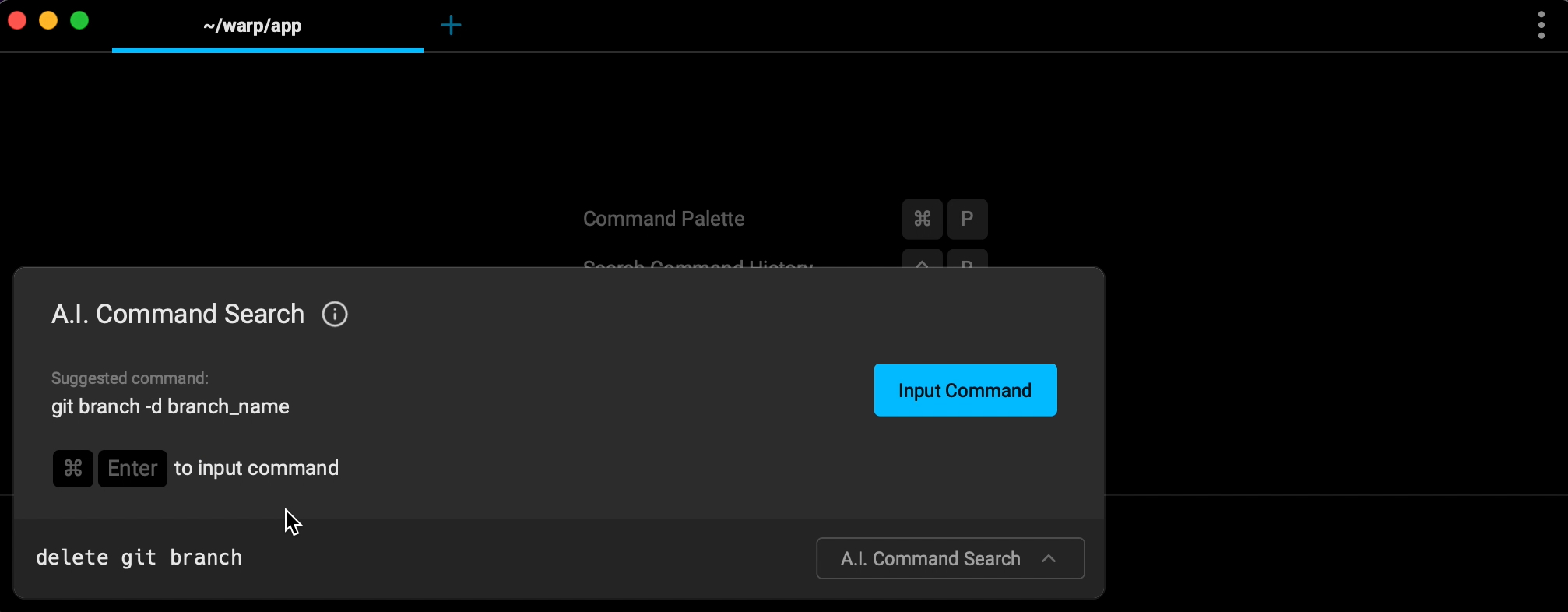 Screenshot of Warp AI search showing results for deleting a git branch