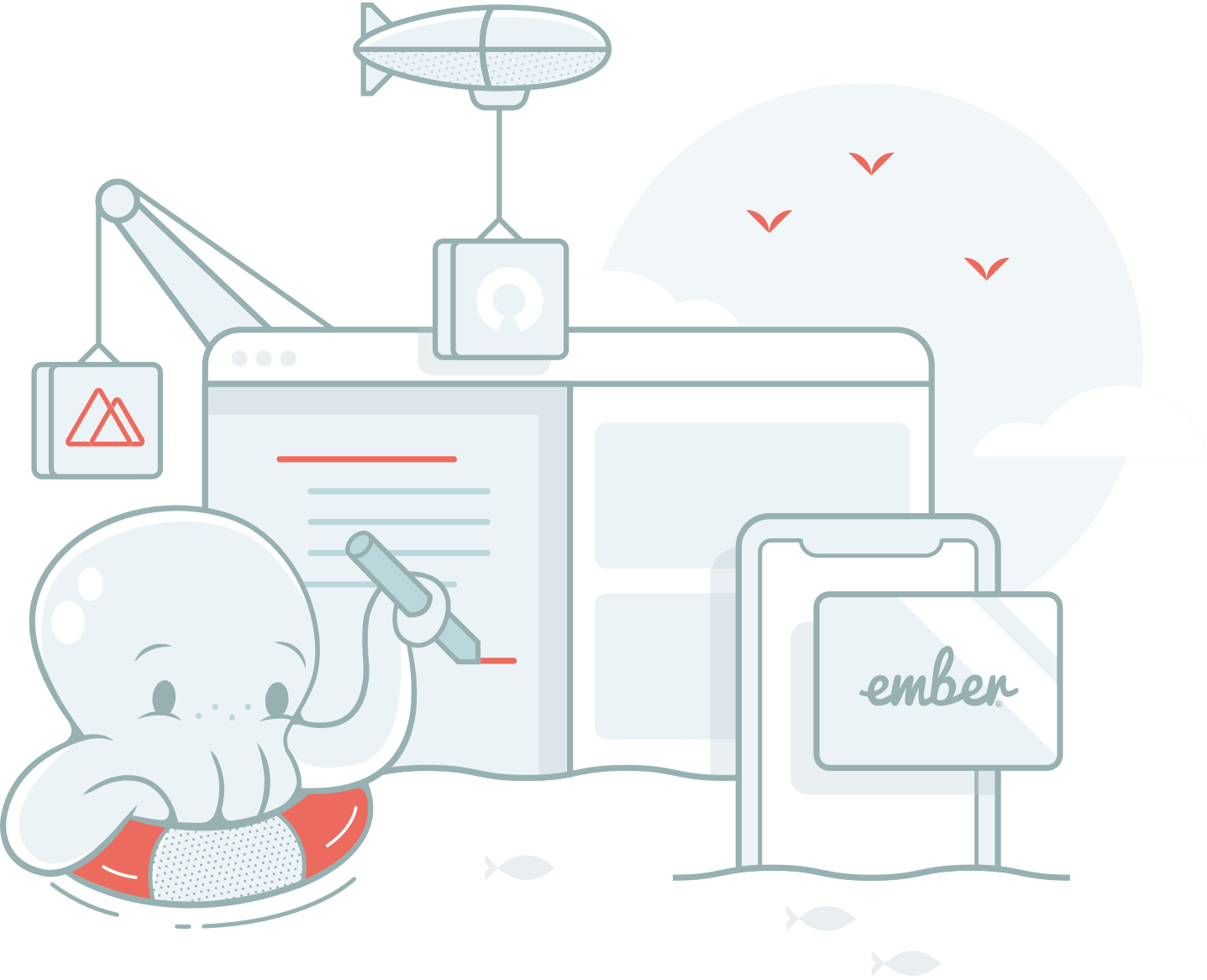 Ship Shape octopus mascot, with a pencil in its tentacle, is working hard on Ember, Next.js and Nuxt apps.